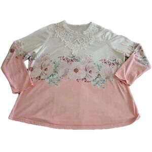 Womens 2XL Pink Floral Lace Blouse Long Sleeve Casual Spring Plus Size Top Shirt